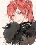  1boy blue_eyes commentary_request crossdressing earrings fur head_tilt jewelry ksk535 lips long_hair looking_at_viewer ponytail re:zero_kara_hajimeru_isekai_seikatsu redhead reinhard_van_astrea shawl sketch smile solo 