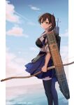  1girl absurdres apron blue_hakama bow brown_eyes brown_hair commentary_request feet_out_of_frame flight_deck hakama hakama_short_skirt hakama_skirt highres holding holding_bow japanese_clothes kaga_(kancolle) kantai_collection long_hair looking_at_viewer muneate natsume_(natsume_melio) side_ponytail skirt solo standing tasuki thigh-highs yumi_(bow) 