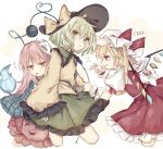  3girls aqua_shirt ascot back_bow black_headwear blonde_hair blush bow bubble_skirt claw_pose collared_shirt crystal eyeball flandre_scarlet fox_mask frilled_shirt_collar frilled_skirt frilled_sleeves frills green_eyes green_hair green_skirt hat hat_ribbon hata_no_kokoro heart heart_of_string hiding hitodama komeiji_koishi long_hair long_sleeves mask mob_cap multiple_girls one_side_up orange_skirt pink_eyes pink_hair plaid plaid_shirt puffy_short_sleeves puffy_sleeves red_bow red_eyes red_ribbon red_skirt red_vest ribbon shirt shirt_grab short_hair short_sleeves skirt sorani_(kaeru0768) teeth third_eye tongue tongue_out touhou upper_teeth vest wavy_hair white_background white_shirt wide_sleeves wings yellow_ascot yellow_ribbon yellow_shirt yuri 