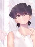  1girl absurdres bangs black_eyes black_hair collarbone commentary_request earrings eyebrows_visible_through_hair flower hair_between_eyes hand_up highres jewelry komi-san_wa_komyushou_desu komi_shuuko looking_at_viewer mature_female nail_polish necklace no_pupils petals pink_nails shirt short_hair sleeveless sleeveless_shirt solo takita_(takita3411) upper_body white_shirt 