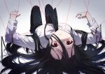  1boy bangs black_hair black_necktie black_pants collared_shirt commentary_request danganronpa_(series) danganronpa_2:_goodbye_despair from_behind gradient gradient_background grey_background hanyaka kamukura_izuru knees_up long_hair long_sleeves looking_at_viewer looking_back lying male_focus necktie on_back pants parted_lips red_eyes restrained ribbon scar_on_head shirt teeth 