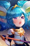 1girl :o ahoge armor bangs blue_gloves blue_hair eyebrows_visible_through_hair fang fur gloves gradient gradient_background hair_intakes highres holding holding_weapon league_of_legends pointy_ears shiny shrimp_cake skin_fang solo star_(symbol) star_guardian_(league_of_legends) twintails violet_eyes weapon 