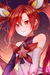  1girl artist_name bangs bare_shoulders covered_collarbone eyebrows_visible_through_hair gradient gradient_background grin highres jinx_(league_of_legends) league_of_legends long_hair looking_at_viewer navel red_eyes redhead shrimp_cake smile solo star_(symbol) star_guardian_(league_of_legends) starry_background stomach twintails very_long_hair watermark 