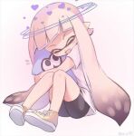  1girl animal_hug artist_request bad_source bangs black_shorts closed_eyes full_body halo head_tilt heart inkling legs_together long_hair looking_at_another o_o on_floor open_mouth pink_footwear pointy_ears shirt shoes short_shorts short_sleeves shorts simple_background sitting smile solo splatoon_(series) squid sweatdrop tentacle_hair white_background white_hair white_shirt 