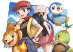  1boy 1girl :d beanie chimchar fangs gonzarez hat highres hikari_(pokemon) long_hair looking_at_viewer lucas_(pokemon) microskirt mountain pink_skirt piplup pokemon pokemon_(game) pokemon_dppt scarf skirt smile turtwig waving 