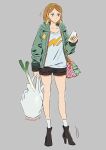  1girl bag black_footwear black_shorts brown_hair earrings full_body green_jacket grey_background grey_eyes high_heels holding holding_phone hood hood_down jacket jewelry long_sleeves original phone pink_bag short_hair shorts shoulder_bag simple_background socks solo spring_onion standing umishima_senbon white_legwear 