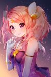  1girl ahoge bangs bare_shoulders bow bowtie choker collarbone dress elbow_gloves eyebrows_visible_through_hair gloves gradient gradient_background hand_up highres league_of_legends long_hair looking_at_viewer lux_(league_of_legends) messy_hair pink_bow pink_bowtie pink_choker pink_dress pink_eyes pink_hair shiny shiny_skin shrimp_cake solo star_(symbol) star_guardian_(league_of_legends) twintails upper_body white_gloves 