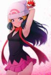  1girl armpits beanie black_hair black_shirt blush closed_mouth commentary_request cowboy_shot eyelashes grey_eyes hair_ornament hairclip hat highres hikari_(pokemon) holding holding_poke_ball kayama_kenji long_hair pink_skirt poke_ball poke_ball_(basic) pokemon pokemon_(game) pokemon_dppt red_scarf scarf shirt sidelocks skirt sleeveless sleeveless_shirt smile solo white_headwear 