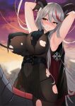  1girl absurdly_long_hair aegir_(azur_lane) armpits arms_behind_head arms_up azur_lane bangs bare_shoulders black_cape black_gloves black_panties blush bodystocking breast_curtains breasts cape clenched_teeth clouds commentary_request corset covered_navel covered_nipples cowboy_shot demon_horns dusk eyebrows_visible_through_hair facing_viewer gloves gradient_sky grimace hair_between_eyes highres horns iron_cross large_breasts long_hair looking_to_the_side mechanical_animal mechanical_dragon multicolored_hair nose_blush panties purple_sky redhead restrained reward_available rope sidelocks silver_hair sitting skindentation sky solo streaked_hair takibi_(tamikyo) teeth torn_bodystocking torn_clothes two-tone_hair underbust underwear very_long_hair yellow_eyes 
