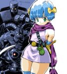  1girl blue_hair bow cape closed_mouth dragon_quest dragon_quest_v green_eyes hair_bow hero&#039;s_daughter_(dq5) looking_at_viewer short_hair thigh-highs 
