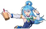  1girl aqua_(konosuba) armpits blue_eyes blue_hair blue_shirt bow bowtie breasts bubble_tea cup detached_sleeves disposable_cup drinking_straw green_bow green_bowtie hair_ornament hair_rings highres holding holding_cup kono_subarashii_sekai_ni_shukufuku_wo! large_breasts long_hair matrix16 one_eye_closed shirt solo upper_body 