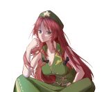  1girl acor bangs bare_shoulders black_bow bow braid breasts brown_hair chinese_clothes closed_mouth dress eyebrows_visible_through_hair green_dress green_eyes green_headwear hair_bow hand_up hat hat_ornament highres hong_meiling long_hair looking_at_viewer medium_breasts shaded_face simple_background sitting sleeveless sleeveless_dress solo star_(symbol) star_hat_ornament touhou twin_braids upper_body white_background 