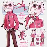  1boy blush boots character_sheet closed_eyes english_commentary english_text friday_night_funkin&#039; grey_background jacket pants pink_boots pink_jacket simple_background smile solo standing sunglasses sunglasses_on_head text twitter_username xiyvtrangs 