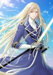  1boy artist_name bishounen blonde_hair blue_eyes clouds gloves hagino_kouta holding holding_sword holding_weapon light_smile long_hair long_sleeves looking_at_viewer male_focus military military_uniform outdoors plunderer robert_du_vanvich sheath solo standing sword uniform very_long_hair weapon white_gloves 