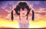  1girl :d ^_^ armpits bangs bare_arms bare_shoulders bikini black_hair blurry blurry_background breasts bunching_hair closed_eyes clouds cloudy_sky collarbone depth_of_field eyebrows_visible_through_hair facing_viewer hair_between_eyes horizon letterboxed long_hair minamura_haruki ocean original sky small_breasts smile solo sunset swimsuit twintails twitter_username upper_body white_bikini 