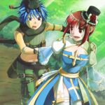  1boy 1girl :3 animal_on_head arch_bishop_(ragnarok_online) bangs belt black_headwear blue_dress blue_eyes blue_hair bow breasts brown_belt brown_gloves camouflage_scarf cat cat_on_head cleavage_cutout clothing_cutout commentary_request crop_top cross dress eyebrows_visible_through_hair feet_out_of_frame flower frilled_hat frilled_legwear frills gloves green_scarf green_shirt green_shorts hat hat_bow hat_flower heterochromia holding_another&#039;s_wrist juliet_sleeves long_hair long_sleeves looking_at_another medium_breasts midriff mini_hat natsuya_(kuttuki) navel on_head open_mouth ponytail puffy_sleeves quiver ragnarok_online ranger_(ragnarok_online) red_eyes red_flower redhead running sash scarf shirt short_hair shorts sidelocks sleeveless sleeveless_shirt smile sunlight thigh-highs top_hat two-tone_dress white_bow white_dress white_legwear yellow_sash 