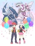  1boy 1girl :d bag balloon beanie black_legwear boots cocoloco commentary_request copyright_name dated dialga duffel_bag eyelashes grey_eyes hair_ornament hairclip hat hikari_(pokemon) holding holding_string kneehighs long_hair lucas_(pokemon) open_mouth palkia pants pink_footwear pink_skirt pokemon pokemon_(creature) pokemon_(game) pokemon_bdsp red_headwear red_scarf scarf shirt shoes short_hair short_sleeves skirt sleeveless sleeveless_shirt smile sparkle standing string tongue white_headwear 