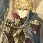  1boy arm_strap armor bangs black_armor blonde_hair blue_capelet breastplate buckle capelet collared_capelet dated_commentary expressionless eyes_visible_through_hair fire_emblem fire_emblem_fates gauntlets gold_trim hair_between_eyes hand_on_own_wrist hand_up harusame_(rueken) high_collar holding_own_wrist indoors leo_(fire_emblem) looking_at_viewer male_focus mirror mirror_image multicolored_capelet parted_lips red_capelet reflection short_hair shoulder_armor shoulder_pads sidelocks solo standing turtleneck yellow_eyes 