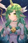  1girl artist_name bangs blush breasts choker collarbone dress eyebrows_visible_through_hair gloves green_choker green_eyes hands_up highres holding holding_staff large_breasts league_of_legends long_hair looking_at_viewer shrimp_cake smile solo soraka_(league_of_legends) staff star_(symbol) star_guardian_(league_of_legends) upper_body watermark white_gloves 