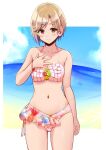  1girl aiba_yumi arm_at_side beach bikini blonde_hair blue_sky blush bracelet breasts brown_eyes closed_mouth clouds collarbone commentary_request cowboy_shot day eyebrows_visible_through_hair frilled_bikini frills halter_top halterneck hand_on_own_chest hand_up highres hogey_nk-2000 idolmaster idolmaster_cinderella_girls idolmaster_cinderella_girls_starlight_stage jewelry looking_at_viewer medium_breasts navel ocean outside_border pink_bikini sand short_hair sky smile solo standing stomach swimsuit water 