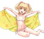  1girl :d bangs bare_arms bare_shoulders bikini blonde_hair breasts choker collarbone eyebrows_visible_through_hair fang green_eyes groin head_tilt holding holding_towel idolmaster idolmaster_cinderella_girls jougasaki_rika long_hair looking_at_viewer navel shoes side-tie_bikini simple_background sitting small_breasts smile solo star_(symbol) suzuki24 swimsuit towel two_side_up white_background white_bikini white_choker white_footwear yokozuwari 