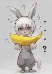  1other 9rage_art ? absurdres animal_ears banana bangs body_fur confused eyebrows_visible_through_hair food fruit full_body furry grey_background greyscale highres holding holding_food made_in_abyss monochrome nanachi_(made_in_abyss) open_mouth short_hair simple_background solo spot_color standing sweat tail whiskers white_hair 