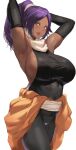  1girl armpits arms_up bleach blush breasts character_request clothes_around_waist commentary_request dark-skinned_female dark_skin elbow_gloves eyebrows_visible_through_hair gloves highres jacket jacket_around_waist large_breasts long_hair looking_at_viewer open_mouth ponytail purple_hair sakanaaj1 scarf simple_background smile solo white_background yellow_eyes 