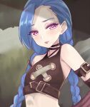  1girl arcane:_league_of_legends bangs bare_shoulders blue_hair blurry blurry_background blush braid breasts closed_mouth crop_top gloves jinx_(league_of_legends) kohana_(princessxhana) league_of_legends long_hair red_eyes smile solo standing twin_braids upper_body 