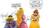  2girls :d ^_^ brown_hair closed_eyes crown dress elbow_gloves english_commentary eyebrows gloves highres holding holding_phone long_hair multiple_girls open_mouth phone pink_dress pointing pointing_down princess_daisy princess_peach profanity puffy_sleeves right-to-left_comic smile spanish_text speech_bubble super_mario_bros. tearing_up thegreyzen thought_bubble v-shaped_eyebrows white_gloves yellow_dress 