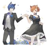  1boy 1girl animal_ear_fluff animal_ears black_dress black_pants black_suit blue_eyes blue_flower blue_hair blue_tail blush brown_hair brown_tail cat_ears cat_tail choker closed_mouth dress extra_ears fangs flower formal hair_ornament highres holding_hands kemonomimi_mode looking_at_another neck_ribbon open_mouth pants persona persona_3 persona_3_portable petals red_eyes ribbon shiomi_kotone simple_background skirt_hold suit tail tongue white_background white_legwear xing_20 yuuki_makoto 