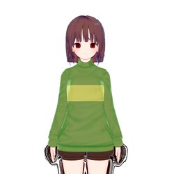  3d androgynous artist_request brown_hair chara_(undertale) green_shirt highres koikatsu pixiv red_eyes shirt short_hair shorts undertale 