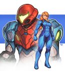  1girl 99vj abs absurdres blonde_hair blue_eyes clenched_hands furrowed_brow highres metroid metroid_dread muscular muscular_female opaque_helmet ponytail power_suit samus_aran sidelocks thick_thighs thighs zero_suit 