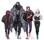  1girl 3boys adapted_costume backpack bag bodysuit bodysuit_under_clothes candy eating food full_body gwen_stacy hands_in_pocket headphones headphones_around_neck highres hood hoodie in-hyuk_lee jacket lollipop long_tongue marvel mask miles_morales monster_boy mouth_mask multiple_boys peter_parker pizza_box pizza_slice scarf sharp_teeth shoes simple_background sneakers spider-gwen spider-man spider-man_(miles_morales) spider-man_(series) symbiote teeth thigh_gap tongue venom_(marvel) walking white_background 