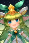  1girl :d artist_name bangs blue_eyes blush bow bowtie elbow_gloves eyebrows_visible_through_hair gloves gradient gradient_background green_background green_bow green_bowtie green_hair hair_ornament highres league_of_legends long_hair looking_at_viewer pointy_ears short_sleeves shrimp_cake smile solo star_(symbol) star_guardian_(league_of_legends) star_hair_ornament starry_background teeth upper_body upper_teeth watermark white_gloves yordle 