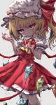  1girl absurdres ascot blonde_hair blood blood_on_hands blush closed_mouth crystal feet_out_of_frame fingernails flandre_scarlet hat highres kayon_(touzoku) long_hair mob_cap nail_polish one_side_up pointy_ears puffy_short_sleeves puffy_sleeves red_eyes red_nails red_skirt red_vest shirt short_sleeves skirt solo touhou vest white_headwear white_shirt wings yellow_ascot 