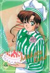  1girl absurdres bishoujo_senshi_sailor_moon bow brown_hair cake candle chef_hat food fruit green_eyes hat highres kino_makoto official_art scan smile solo strawberry 