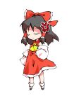  1girl anger_vein angry ascot bangs bare_shoulders black_footwear bow chibi closed_eyes closed_mouth collar collared_dress dairi detached_sleeves dress eyebrows_visible_through_hair full_body grey_hair hair_between_eyes hair_ornament hair_tubes hakurei_reimu hand_on_hip long_sleeves red_bow red_dress shaded_face shoes short_hair simple_background sleeveless sleeveless_dress socks solo standing tachi-e touhou white_background white_legwear white_sleeves wide_sleeves yellow_ascot 