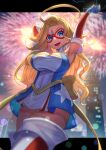  1girl :d armpits arms_up blonde_hair blue_eyes breasts covered_navel cowboy_shot dress elbow_gloves electricity eye_mask fingerless_gloves fireworks gloves kamen_america kamen_america_(comic) large_breasts long_hair night outdoors red_mask sakumichi short_dress smile solo superhero thigh-highs 