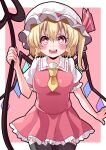 1girl :d absurdres bangs black_legwear blonde_hair blush breasts commentary_request crystal eyebrows_behind_hair flandre_scarlet hair_between_eyes hat highres laevatein_(touhou) looking_at_viewer maboroshi_mochi mob_cap pink_background red_eyes simple_background smile solo thigh-highs touhou wings 