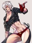  1girl angel_(kof) bra breasts chaps cropped_jacket fingerless_gloves gloves hair_over_one_eye highres index_finger_raised jacket large_breasts leather leather_jacket looking_at_viewer navel panties red_eyes snk solo strapless strapless_bra syachiiro the_king_of_fighters the_king_of_fighters_xiv toned underwear underwear_only white_hair 
