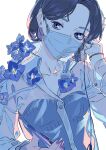  1girl black_hair blue_eyes blue_flower blue_theme collared_shirt flower hand_up jewelry looking_at_viewer mask mouth_mask original purple_nails ring shirt short_hair signature simple_background solo transparent_shirt umishima_senbon white_background white_mask 