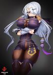  1girl absurdres atelier_(series) atelier_ryza bodysuit breast_rest breasts fingernails hair_over_one_eye highres impossible_bodysuit impossible_clothes large_breasts lila_decyrus long_fingernails long_hair skin_tight skindentation vermillion_dice violet_eyes white_hair 