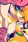  1girl artist_request bad_source bangs black_shorts falling fang headphones holding holding_water_gun ink_tank_(splatoon) inkling leg_up long_hair looking_at_viewer one_eye_closed open_mouth orange_background orange_eyes orange_hair pink_footwear shirt shoes short_shorts short_sleeves shorts smile solo splatoon_(series) splatoon_1 tentacle_hair v-shaped_eyebrows water_gun white_shirt 