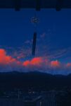  antenna_mast building cityscape clouds cola_(gotouryouta) commentary_request evening highres mountain no_humans original plant scenery sky town tree twilight wind_chime 