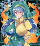  1girl :d abstract_background apron arm_ribbon arms_at_sides aura bangs blue_hair blue_ribbon blush breasts closed_mouth commentary_request covered_nipples eyebrows_visible_through_hair eyelashes flower green_apron green_headwear hair_between_eyes haniyasushin_keiki head_scarf hexagon jewelry kurokan_(kokkyou_oudan) large_breasts long_hair looking_at_viewer magatama magatama_necklace necklace pocket puffy_short_sleeves puffy_sleeves red_eyes ribbon shiny shiny_hair shirt short_sleeves single_strap smile solo tools touhou upper_body white_flower yellow_shirt yellow_sleeves 