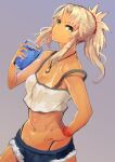  1girl bangs blonde_hair cup dark-skinned_female dark_skin drinking drinking_straw eyebrows_behind_hair eyebrows_visible_through_hair fate/apocrypha fate/grand_order fate_(series) from_side green_eyes grey_background hairband holding jikihatiman long_hair looking_at_viewer mordred_(fate) mordred_(fate/apocrypha) ponytail shorts simple_background solo vest 