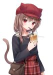 1girl animal_ears animal_hat anz32 bag bangs bendy_straw black_shirt bow brown_hair cabbie_hat cat_ears cat_hat cat_tail commentary_request cup disposable_cup drink drinking drinking_straw eyebrows_visible_through_hair fake_animal_ears hair_between_eyes hair_bow hair_over_shoulder hat holding holding_cup jewelry long_hair low_ponytail nail_polish original pink_nails plaid plaid_skirt red_eyes red_headwear red_skirt ring shirt shoulder_bag simple_background skirt solo tail twitter_username white_background white_bow 