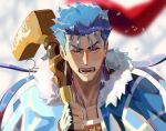  1boy angry blue_hair blush capelet cu_chulainn_(caster)_(fate) cu_chulainn_(fate) earrings fangs fate/grand_order fate_(series) floating_hair fur-trimmed_hood fur_trim holding holding_staff hood hood_down hooded_capelet jewelry lacu_lain long_hair looking_at_viewer male_focus open_mouth red_eyes slit_pupils solo spiky_hair staff wooden_staff 