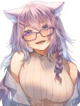  1girl animal_ears bangs beige_sweater blue_hair blue_shirt blush braid breasts colored_inner_hair eyebrows_visible_through_hair glasses head_tilt highres karupisusawa large_breasts multicolored_hair nijisanji nijisanji_kr nun_bora off_shoulder open_mouth portrait ribbed_sweater shirt side_braid sleeveless sleeveless_sweater smile solo sweater virtual_youtuber white_background 