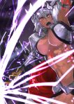  1girl abs bangs breasts dark-skinned_female dark_skin fate/grand_order fate_(series) headpiece holding holding_polearm holding_weapon incoming_attack jikihatiman lance looking_at_viewer muscular muscular_female open_clothes open_mouth pointy_ears polearm red_eyes silver_hair solo stomach tattoo weapon white_hair 